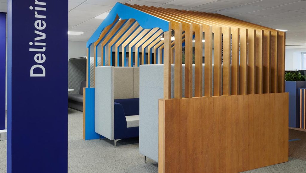 production bureau installations office space wood built seating area