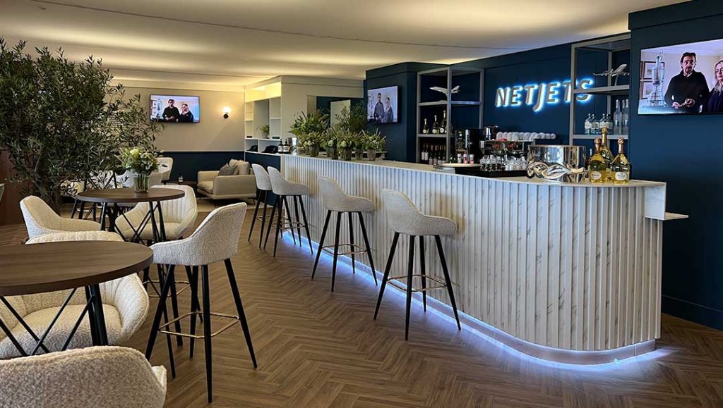 netjets private aircraft solutions lounge area designed and built by production bureaus team, using sustainable materials